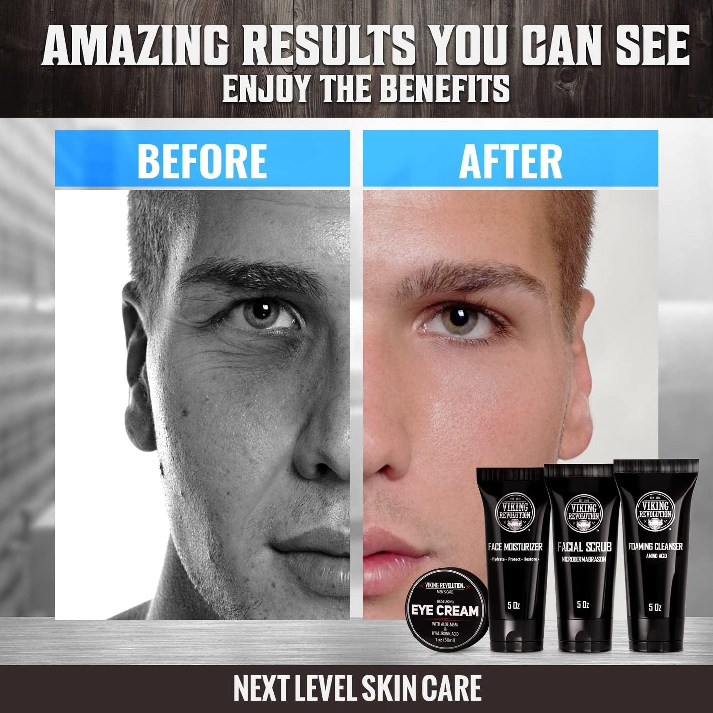 Viking Revolution - Kit Cuidado De La Piel Hombres - Skin Care Hombre - Regalo Hombre - Incluye Crema Hidratante, Exfoliante Facial, Espuma Limpiadora (142G) Y Crema Para Los Ojos (29G)