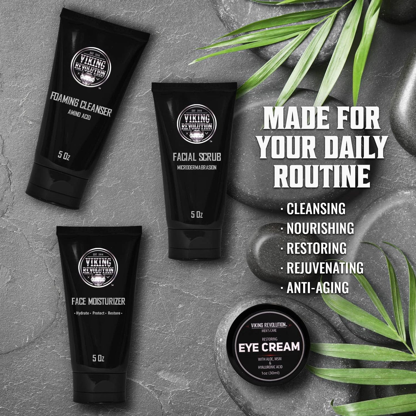 Viking Revolution - Kit Cuidado De La Piel Hombres - Skin Care Hombre - Regalo Hombre - Incluye Crema Hidratante, Exfoliante Facial, Espuma Limpiadora (142G) Y Crema Para Los Ojos (29G)