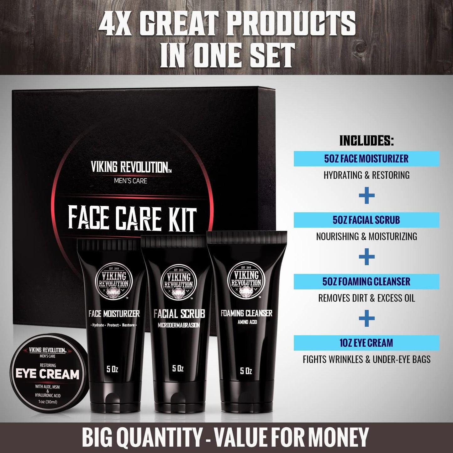 Viking Revolution - Kit Cuidado De La Piel Hombres - Skin Care Hombre - Regalo Hombre - Incluye Crema Hidratante, Exfoliante Facial, Espuma Limpiadora (142G) Y Crema Para Los Ojos (29G)