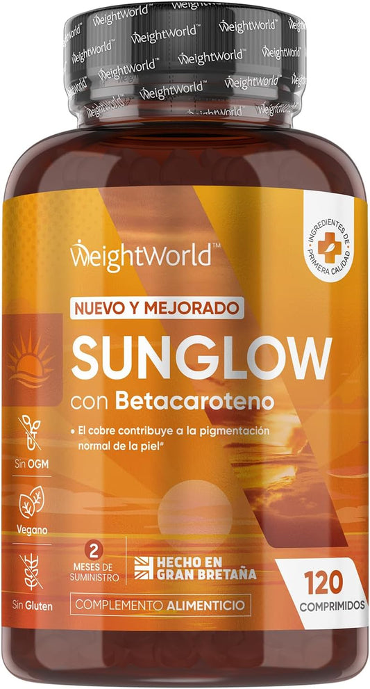 Sunglow Betacaroteno Complex 120 Comprimidos Veganos - Potenciador Del Bronceado Con Zinc, Yodo, Cobre Y Antioxidantes Como Vitamina B2 Y B3 Para Un Bronceado Natural Y Duradero Para 2 Meses