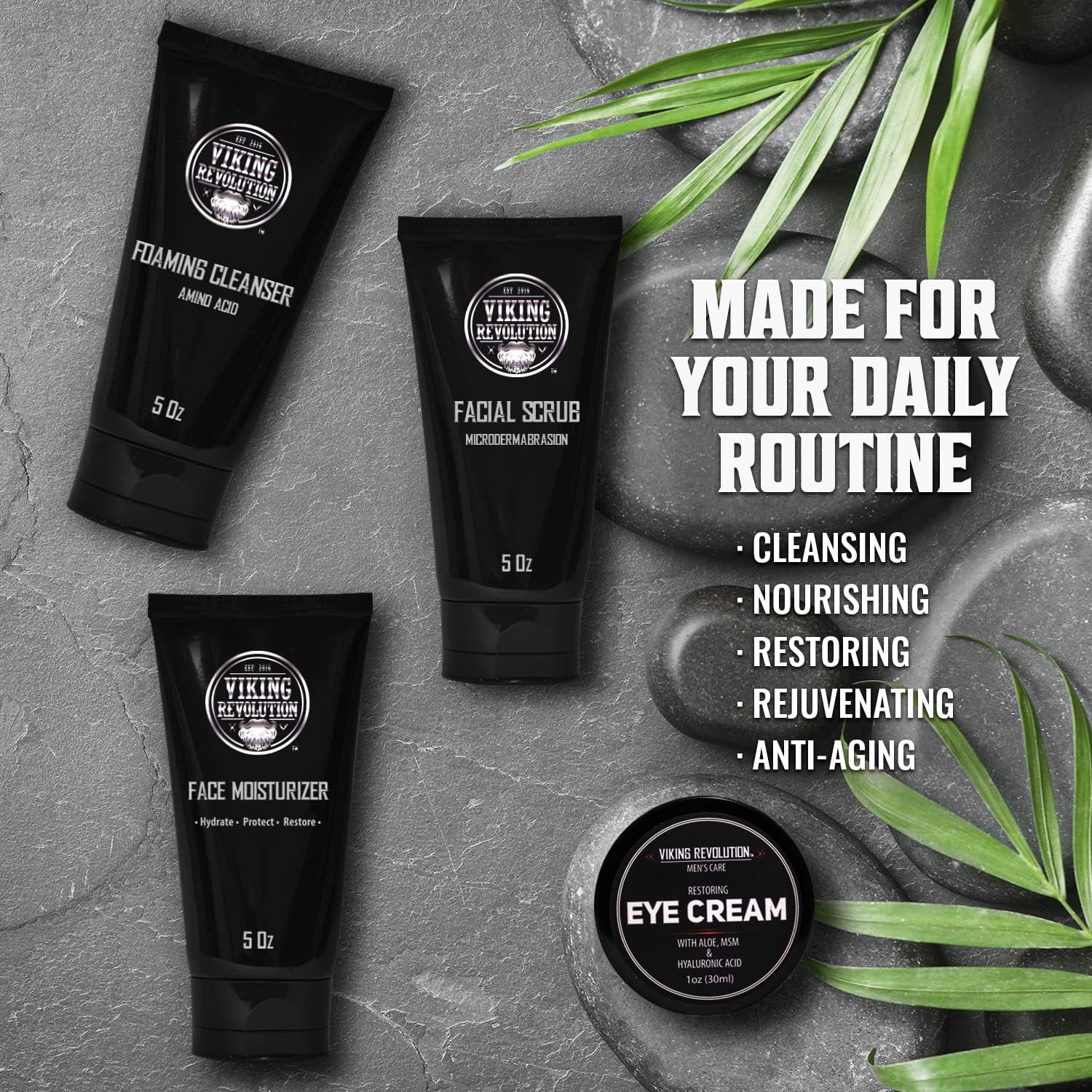 Viking Revolution - Kit Cuidado De La Piel Hombres - Skin Care Hombre - Regalo Hombre - Incluye Crema Hidratante, Exfoliante Facial, Espuma Limpiadora (142G) Y Crema Para Los Ojos (29G)